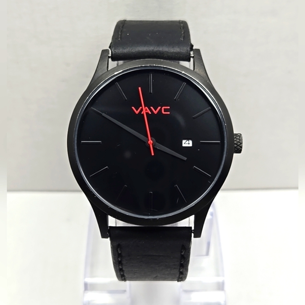 VAVC JS8260 Quartz Watch Black Dial Leather Strap Analog Date New Battery Gift